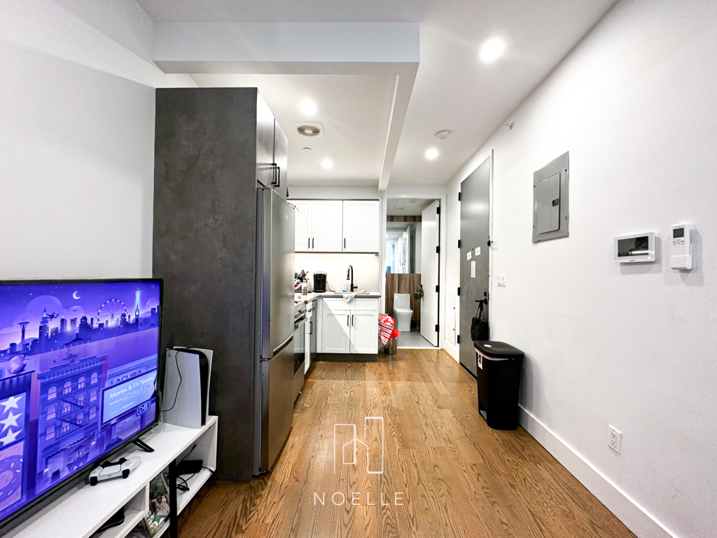 apartment for rent in flatbush, brooklyn. photo shows kitchen from living room.